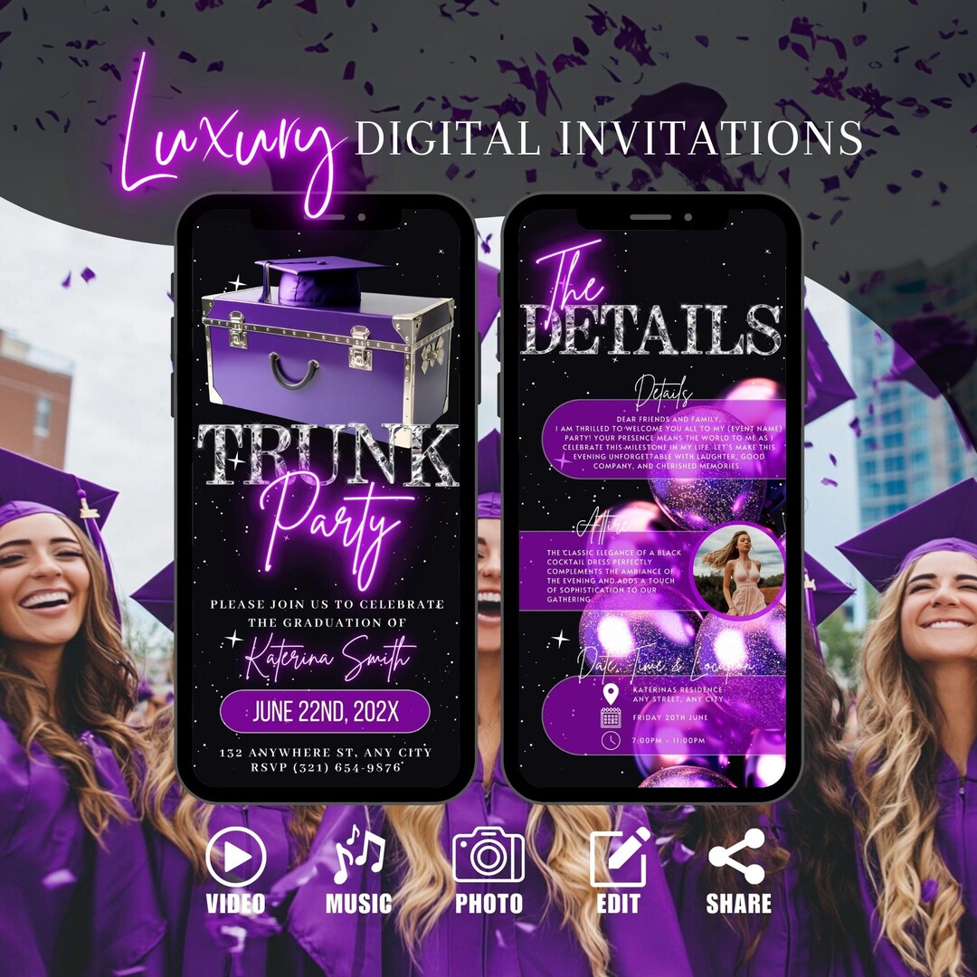 Digital Trunk Party Invitation, Purple Law Graduation Send off Invite ...