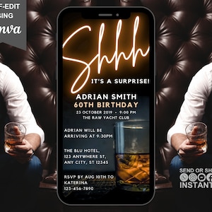 Men&#39;s 60th Shh It&#39;s A Surprise Birthday Digital Invitation, Electronic Party Invite, Text Evite, Instant Download, Animated Invite For Him
