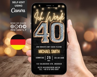 Digitale eCARD-Einladung zum 40. Geburtstag Deutschlands, Animierte Black Gold Forty BBQ Party Evite für Sie oder Ihn, Bearbeitbare Vorlage