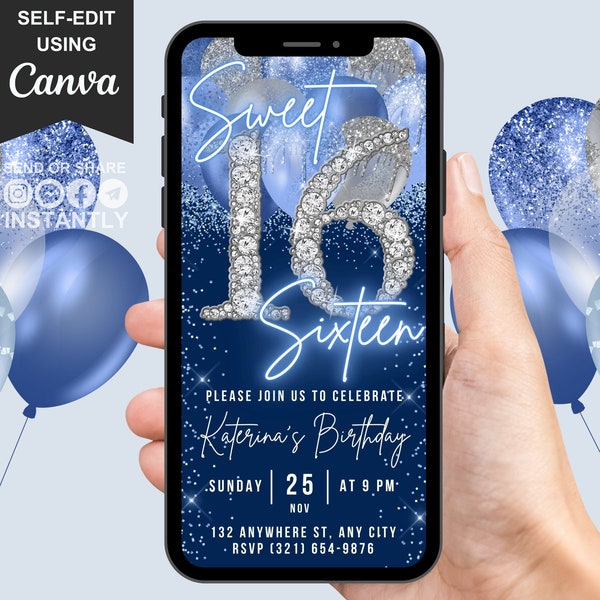 Digital Sweet 16th Birthday Invitation, Animated 16th Birthday Party Invite, Blue Silver Diamonds Neon Font, Text Evite, Editable Template