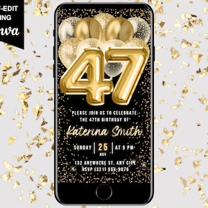 Digital 47th Birthday Invitation, Animated Gold Balloon Invite For Her, Brunch Dinner Party Evite For Women, Self Editable Template eCard