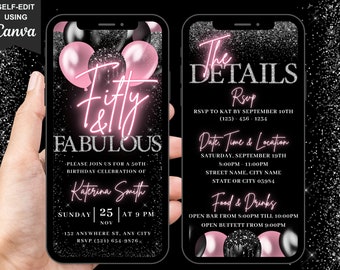 May include: A black and silver glitter background with a pink and white neon sign that says "Fifty & Fabulous". The text "Please join us for a 50th birthday celebration of Katerina Smith" is below the neon sign. The date, time, and location of the event are listed below the text. The text "RSVP (321) 654-9576" is at the bottom of the invitation.