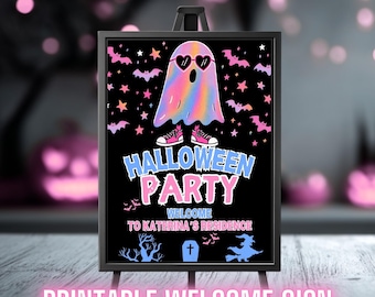 Editable Halloween Party Welcome Sign, Pink Ghost Party Printable Party Decor, Spooky Welcome Poster, Self Editable Girls Canva Template