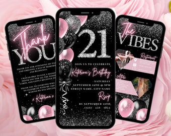 Invito digitale per il 21° compleanno, invito animato per ragazze rosa cipria per il 21° compleanno, invito elettronico con diamanti carini, itinerario modificabile e biglietto elettronico di ringraziamento