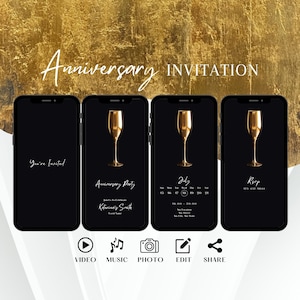 Invitación minimalista para aniversario de boda, elegante invitación para renovación de votos, elegante plantilla digital en dorado champán, tarjeta electrónica autoeditable.