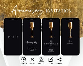 Invitación minimalista dorada para aniversario, boda, elegante invitación para renovación de votos, plantilla digital dorada con estilo champán, tarjeta electrónica editable