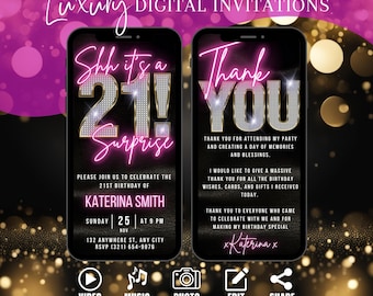 Digital Surprise 21st Birthday invitation, 21st Dinner Party Invite For Women. Bling Diamond Video Evite For Her, Self Editable DIY eCard