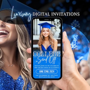 Invito di addio al Blue College, invito digitale per la festa del baule della laurea, invito di addio con foto del liceo, modello di eCard con foto di addio