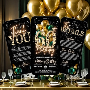 Digital 60th Birthday Invitation, Animated Gold Green Sixty Diamond Dinner Party Invite, Brunch Evite For Women, Self Edit Itinerary eCard