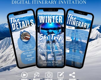 May include: A digital invitation for a winter ski trip to celebrate Katerina Smith. The invitation includes details about the trip, including the date, location, and RSVP information. The invitation also includes a schedule of events for the trip.