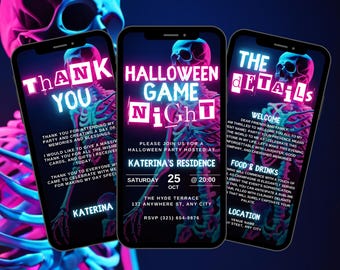 May include: A neon pink and blue Halloween party invitation with a skeleton graphic. The invitation reads "Halloween Game Night" and includes the date, time, and location of the party. The text "Katerina's Residence" is also included.