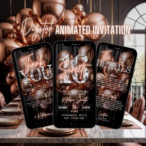 Digital Sweet 16 Birthday Invitation, Animated 16th Party Invite, Sixteen Rose Gold Balloon Diamond Girls Evite, Self Editable eCard Bundle