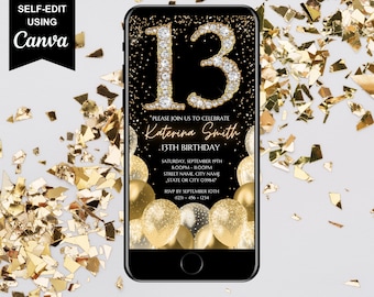 Digital 13th Birthday Invitation, Animated Thirteen Diamond Invite For Teens, Gold Balloon Evite For Girls, Self Editable Template eCard