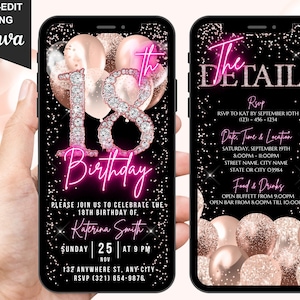 Digital 18th Birthday Invitation, Animated 18th Party Invite, Cute Rose Gold Diamonds Neon Pink Font, Text Evite, Editable Itinerary eCard