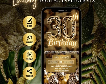 Invitation numérique 30e anniversaire, fête imprimé léopard, modèle d'invitation modifiable guépard or