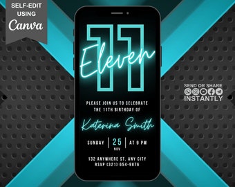Digital 11th Birthday Party Blue Neon Invitation, Electronic Phone Text Message Evite, Editable Animated Template, Teen Birthday For Boys