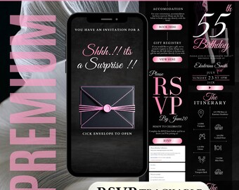55th Birthday Invitation With RSVP, Surprise Digital Black Luxury Envelope Evite, Elegant Pink Website Template, Trackable Guest Invite