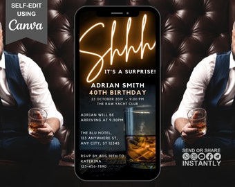 Men&#39;s 40th Shh It&#39;s A Surprise Birthday Digital Invitation, Electronic Party Invite, Text Evite, Instant Download, Mens Animated Invite