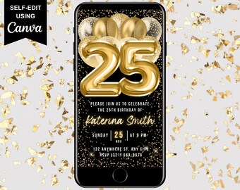 Digital 25th Birthday Invitation, Animated Birthday Party Invite, Black Gold, Mobile Text Evite For Women, Self Editable Template eCard