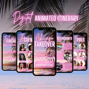 Invito digitale per il viaggio di conquista di Chicago, viaggio di compleanno in Illinois, programma per una fuga di fine settimana in rosa, planner modificabile autonomamente