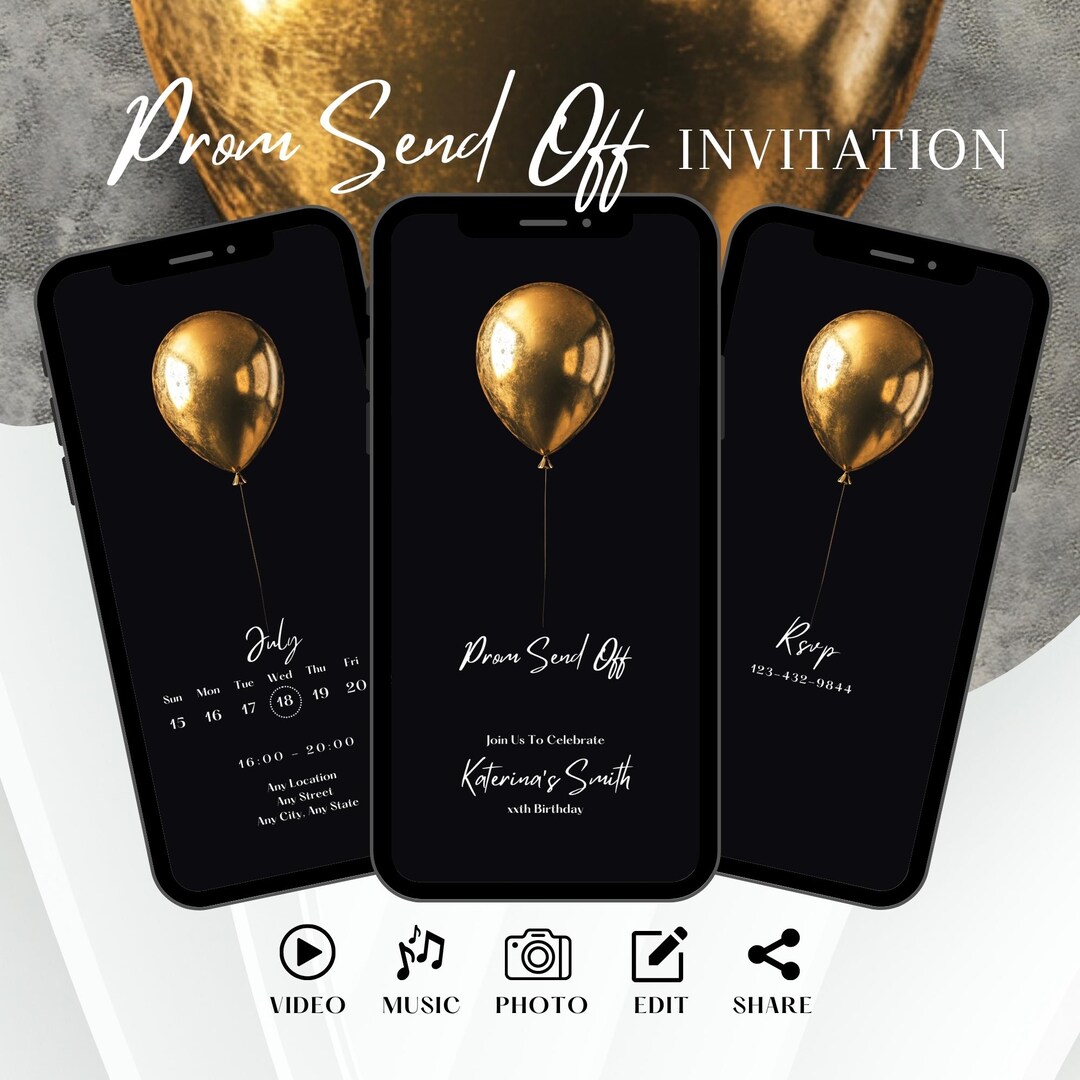 Elegant Black Gold Prom Send off Invitation, Minimalist Digital King ...