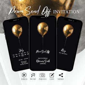 Faire-part de bal d'étudiants élégant en or noir, invitation à une soirée de bal royale numérique minimaliste, Evite de remise des diplômes chic pour homme, carte électronique modifiable pour femme