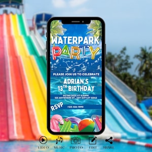 Convite digital de aniversário para parque aquático, convite para festa em parque aquático, toboágua para meninos ou meninas, modelo de cartão eletrônico faça você mesmo para crianças ou adolescentes