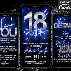 Digital Video 18th Birthday Invitation, Animated Eighteenth Party Invite, Chrome Neon Blue Video Evite, Editable Itinerary & Thank You eCard