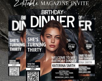 Inbjudan till födelsedagsmiddag i tidskrift, digitalt Evite för kvinnor, modern festinbjudan i svart silver, gör-det-själv-flyer för sociala medier, mall för e-kort