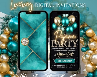 Invitación a fiesta de pijamas de cumpleaños para adultos, invitación a fiesta de pijamas de chicas, invitación a fiesta de pijamas en verde azulado y dorado para damas, tarjeta electrónica para despedida de soltera