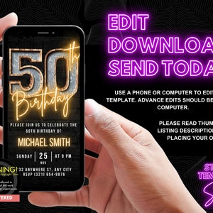 Digital 50th Birthday Invitation For Men, 50 Invite Ecard, Virtual Rustic Marquee BBQ Fifty Party Invite For Him, Self Editable Template image 2