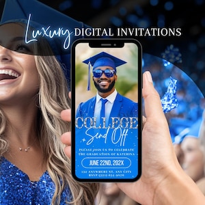 Invito di invio al Blue College, invito digitale per la festa di laurea, invito per foto del liceo per uomini, modello di eCard con foto di addio