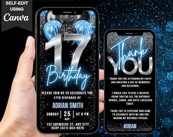Digital 17th Birthday Invitation for Boys, Animated 17th Party Invite, Teenager Neon Blue 17 Year Old Evite, With Editable Thank You eCard