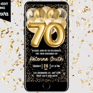Faire-part numérique 70e anniversaire, invitation électronique à une fête d'anniversaire, or noir, texte mobile, modèle d'invitation animé 70e anniversaire