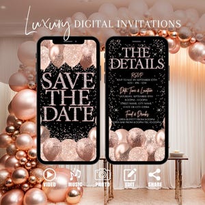 Digitale uitnodiging opslaan, geanimeerde verjaardagsuitnodiging, Rose Gold Surprise Evite, uitnodiging verjaardagsfeestje, Rose Gold bewerkbare sjabloon