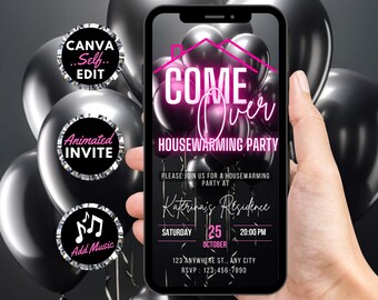 Digital Housewarming Party Invitation, Animated Come Over House Warming Invite, Black Pink New Apartment Home Evite, Editable Template Ecard