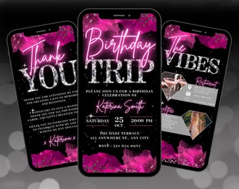 Invitación digital de cumpleaños para viaje, invitación animada de viaje de cumpleaños, invitación electrónica de vacaciones rosa fucsia, plantilla de itinerario y agradecimiento editable.