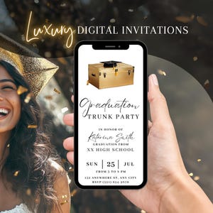 Gold Trunk Party Invitation, Black Gold Digital Graduation Party Invite, Grad Class of 2025 Evite, Animated High School Send Off eCard