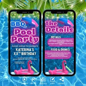 BBQ Pool Party Invitation, Digital Pink Summer Birthday Evite, Video Invite For Teens, Adults. Self Editable DIY Grill Ecard Template.