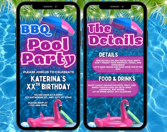 BBQ Pool Party Invitation, Digital Pink Summer Birthday Evite, Video Invite For Teens, Adults. Self Editable DIY Grill Ecard Template.