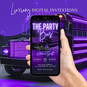 Digital VIP Party Bus Invitation, Girls Limo Birthday Party Invite, Purple Bus Evite For Women, Party Bus Evite, Self Edit Template eCard
