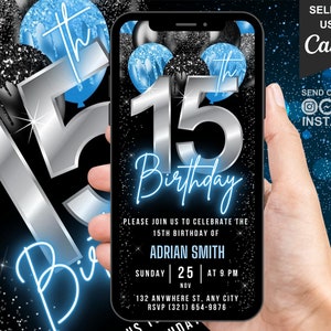 Convite digital de 15º aniversário para meninos, convite animado de 15º aniversário, convite para adolescentes de 15 anos em azul neon, cartão eletrônico autoeditável para celular