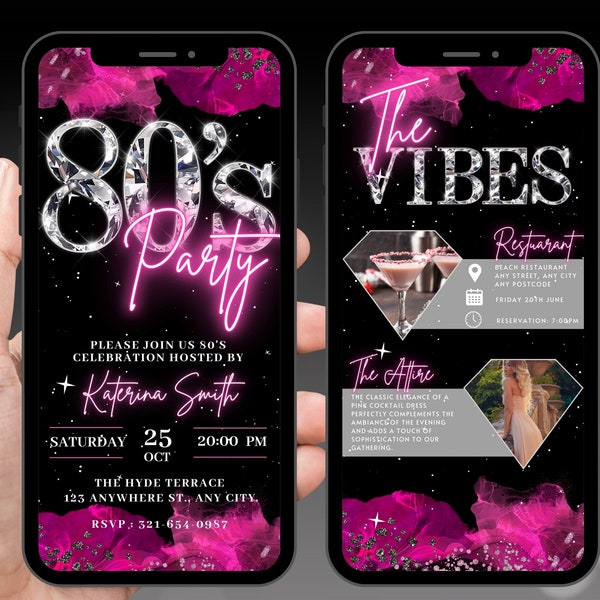 Digital 80s Party Invitation, Animated Hot Pink Back To The 80s Disco Glam Diamond Invite, Luxury Evite, Editable Custom Itinerary eCard