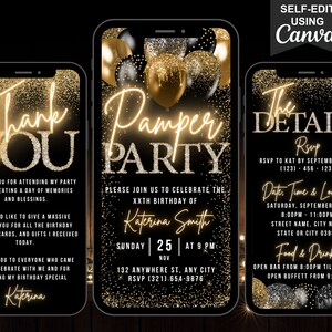 Faire-part d'anniversaire numérique, pyjama noir doré pour filles, invitation à une soirée pyjama pour filles, journée au spa, itinéraire modifiable et carte virtuelle de remerciement