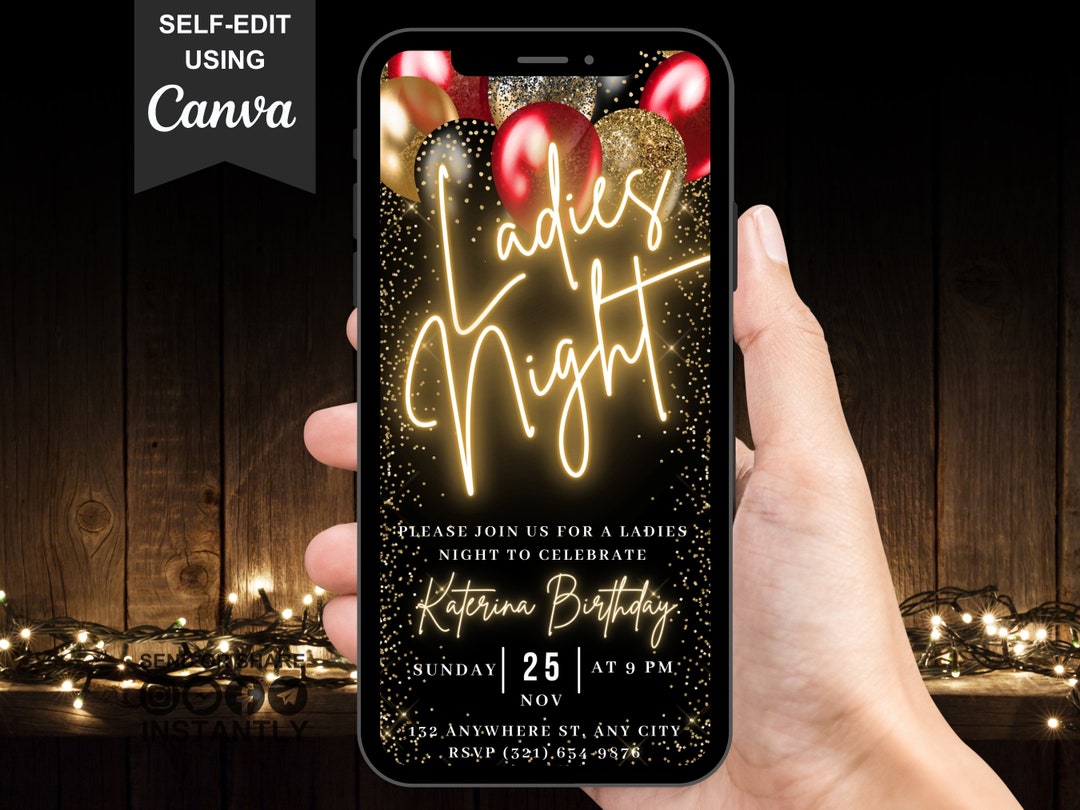 Digital Ladies Night Out Invitation, Animated Black Gold Red Birthday ...
