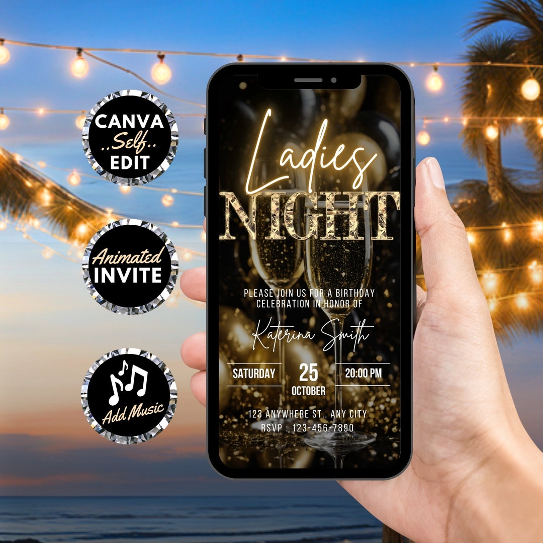 Digital Ladies Night Invitation, Animated Birthday Dinner Bronze Gold ...