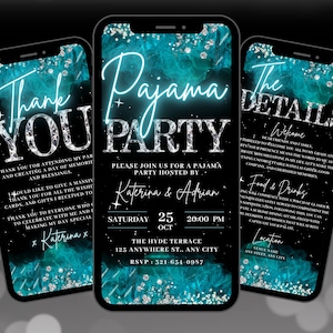 Digital Pajama Party Birthday Invitation, Animated PJs Girls Night Invite, Teal Bachelorette Evite, Editable Itinerary & Thank You eCard