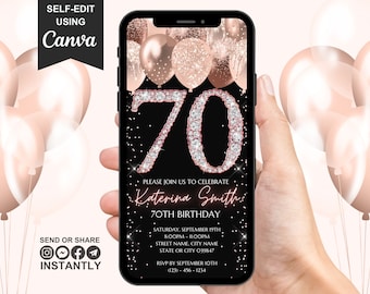 Digital 70th Birthday Invitation, Video 70th Party Invite, Rose Gold Diamonds Brunch eCard, Phone Text Evite, Seventy Self Editable Template