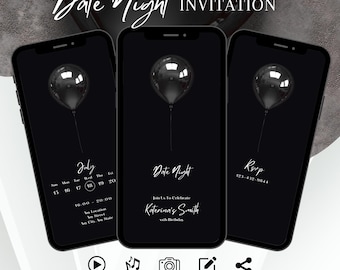 Elegant Date Night Black Invitation, Minimalist Animated Birthday Invite, Mens Party Evite, Classy Digital Template, Women's Editable Ecard