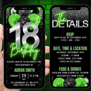 Digital 18th Birthday Invitation for Boys, Animated 18th Party Invite, Teenager Neon Green 13 Year Old Evite, Self Editable Itinerary eCard